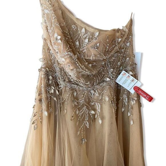 Mac Duggal 11210 gown Nude tulle asymmetrical dress beaded slit $598 New 10 - Picture 7 of 16
